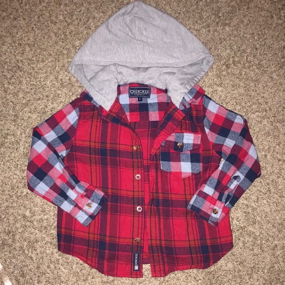 Cherokee Red Plaid Thick Long Sleeve Button Down Sweater with Gray Hoodie - Picture 1 of 8